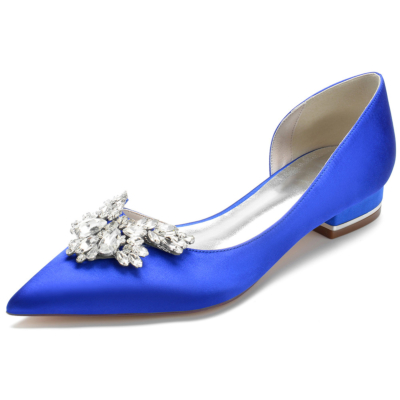 Chaussures plates en satin à bout pointu et strass bleu royal, chaussures habillées à bijoux coupées sur le côté
