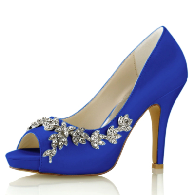 Chaussures de mariage peep toe en satin bleu royal fleurs strass escarpins à plateforme talon aiguille