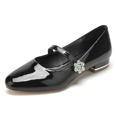 Bout rond noir Mary Jane Ballerines Strass Fleur Boucle Chaussures