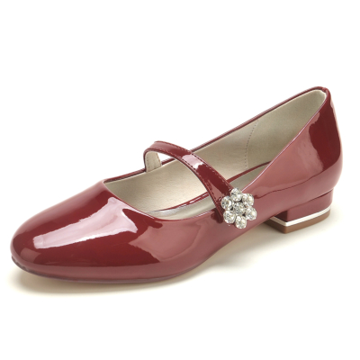 Chaussures à bout rond bordeaux Mary Jane Ballerines Strass Flower Buckle