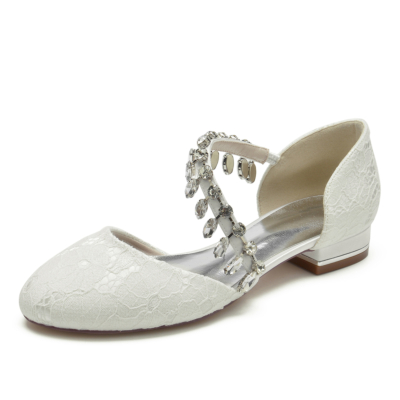 Chaussures plates de mariage en dentelle à franges et strass à bout rond ivoire