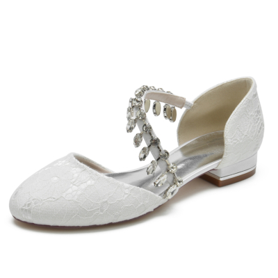 Chaussures plates de mariage en dentelle à franges et strass à bout rond blanc