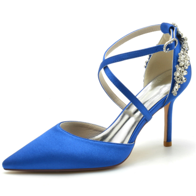 Escarpins à bride croisée en satin bleu royal à bout pointu chaussures de mariage à talon aiguille