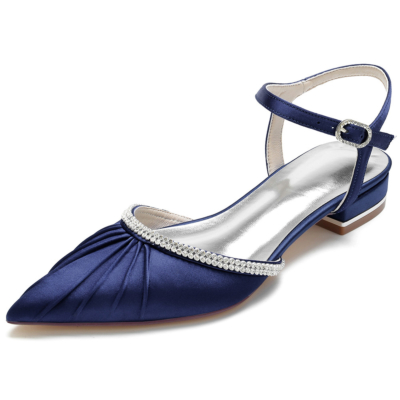 Chaussures plates D'orsay à volants et bout pointu en satin bleu marine avec bijoux