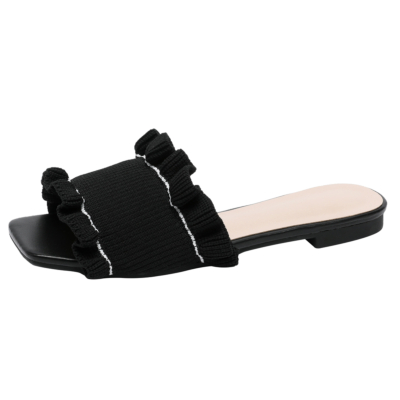 Sandales plates noires à glissière à volants Sandales d'été confortables pour femmes