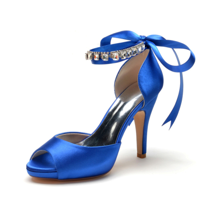 Bleu saphir Peep Toe Bow Chaussures de mariage Bride à la cheville Talon aiguille Sandales à plateforme