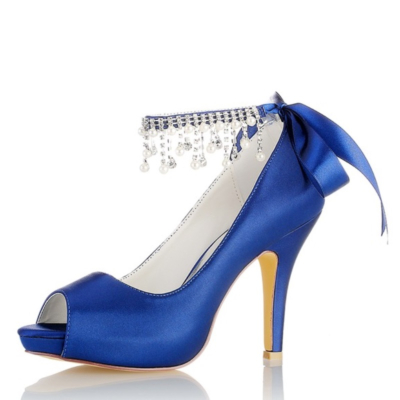 Saphir Bleu Satin Peep Toe Chaussures De Mariage Bride À La Cheville Talon Aiguille Plateforme Escarpins