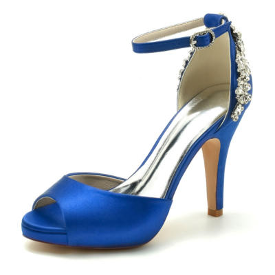 Saphir Bleu Satin Peep Toe Chaussures De Mariage Bride À La Cheville Talon Aiguille Plateforme Sandales