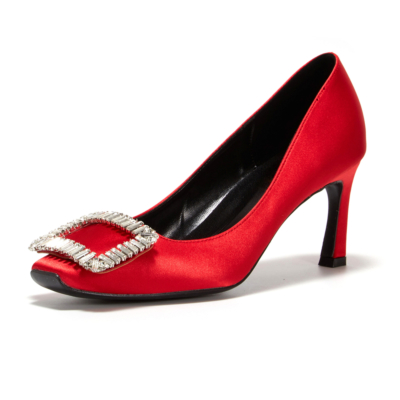 Chaussures De Mariage En Satin Rouge Escarpins Carrées Avec Boucle Et Strass