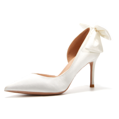Blanc Satin Bow Retour Pompes D'orsay Talons Aiguilles Chaussures De Mariée Pour Le Mariage