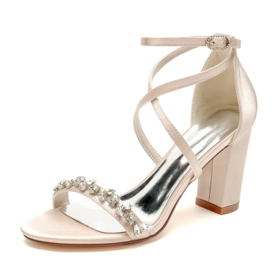 Champagne Satin Criss Cross Strap Jeweled Sandales Talons Chunky Chaussures De Mariage