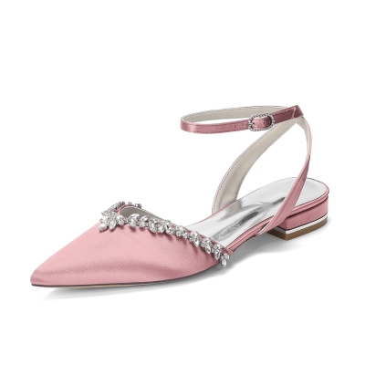 Pink Satin Crystal Pointed Toe Flats Ankle Strap Bridal Flats