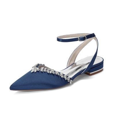Navy Satin Crystal Pointed Toe Flats Ankle Strap Bridal Flats