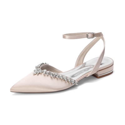Champagne Satin Crystal Pointed Toe Flats Ankle Strap Bridal Flats