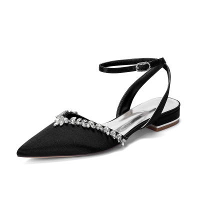 Black Satin Crystal Pointed Toe Flats Ankle Strap Bridal Flats