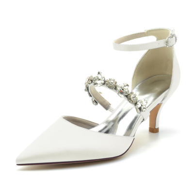 Escarpins D'orsay en satin ivoire chaussures à talons chaton de mariage avec bracelet en cristal