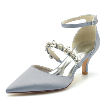 Escarpins D'orsay en satin gris chaussures à talons chaton de mariage avec bracelet en cristal-style9