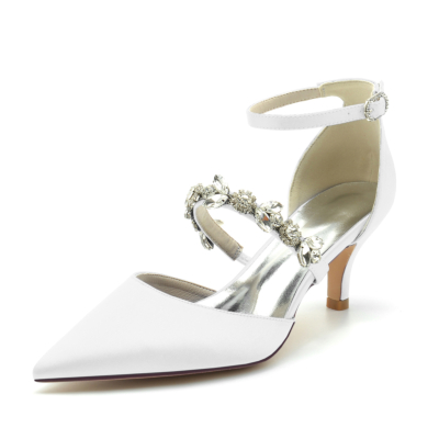 Escarpins D'orsay en satin blanc chaussures à talons chaton de mariage avec bracelet en cristal