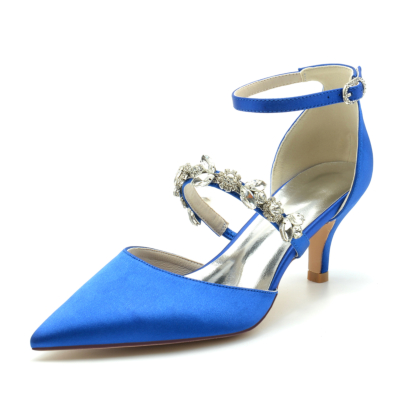 Escarpins D'orsay en satin chaussures à talons chaton de mariage avec bracelet en cristal
