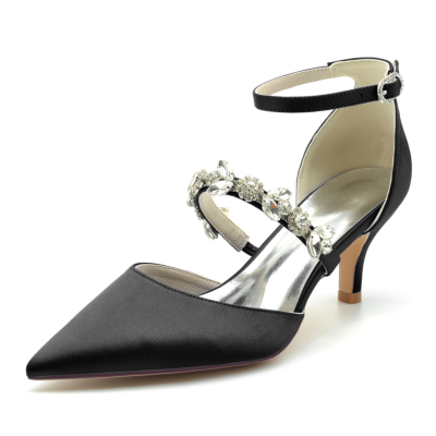 Escarpins D'orsay en satin noir chaussures à talons chaton de mariage avec bracelet en cristal