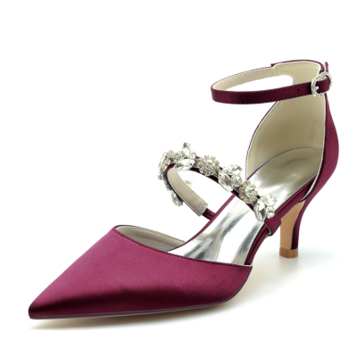 Escarpins D'orsay en satin bordeaux chaussures à talons chaton de mariage avec bracelet en cristal