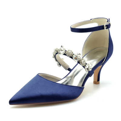 Escarpins D'orsay en satin bleu marine chaussures à talons chaton de mariage avec bracelet en cristal