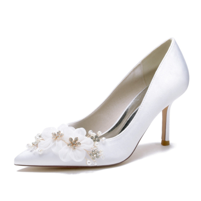 Escarpins de mariée à fleurs en satin blanc, chaussures à talons bas pour mariage