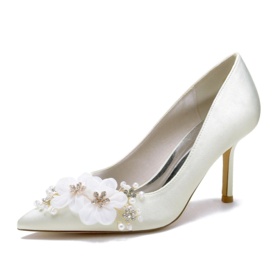 Escarpins de mariée à fleurs en satin beige, chaussures à talons bas pour mariage