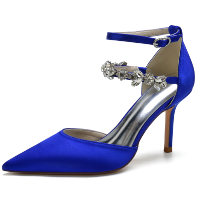 Bijoux en satin bleu royal bout pointu talon aiguille bride à la cheville pompes chaussures de mariage