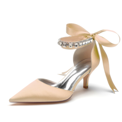 Escarpins à talon chaton en satin champagne Bow Chaussures d'orsay avec bracelet en cristal