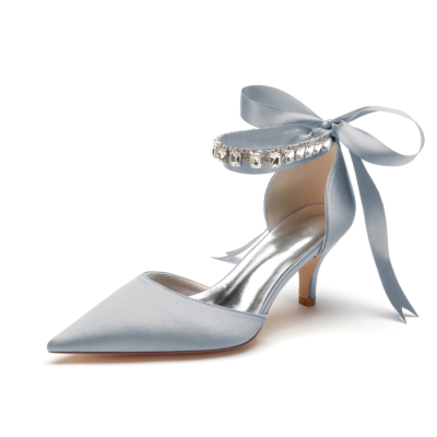 Escarpins à talons chaton en satin gris Chaussures d'orsay à nœud avec bracelet en cristal