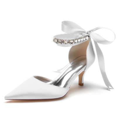 Escarpins à talon chaton en satin blanc Bow Chaussures d'orsay avec bracelet en cristal