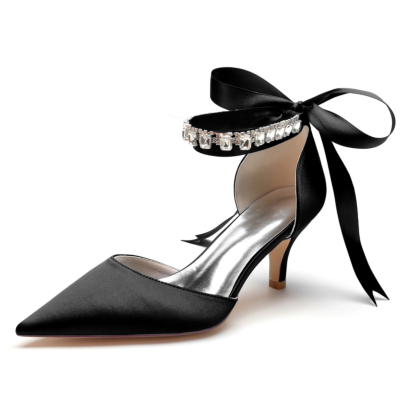 Escarpins à talon chaton en satin noir Bow Chaussures D'orsay avec bracelet en cristal