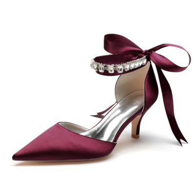 Escarpins à talon chaton en satin bordeaux Bow Chaussures D'orsay avec bracelet en cristal