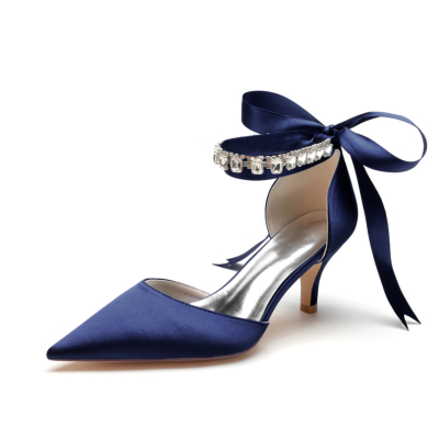 Escarpins à talon chaton en satin bleu marine Bow Chaussures D'orsay avec bracelet en cristal
