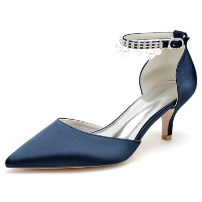 Escarpins D'orsay en satin bleu foncé à talons chaton avec bride à la cheville en perles, chaussures de mariage