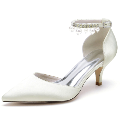 Escarpins D'orsay en satin beige à talons chaton avec bride à la cheville en perles, chaussures de mariage