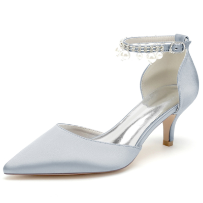 Escarpins D'orsay en satin gris à talons chaton avec bride à la cheville en perles, chaussures de mariage