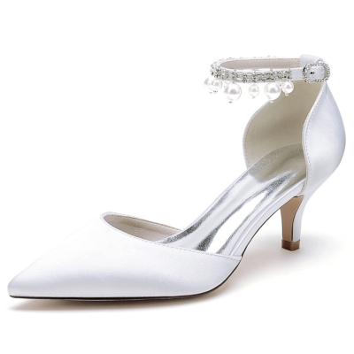 Escarpins D'orsay à talons chaton en satin blanc avec bride à la cheville en perles, chaussures de mariage