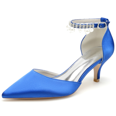 Escarpins D'orsay en satin bleu royal à talons chaton avec bride à la cheville en perles, chaussures de mariage