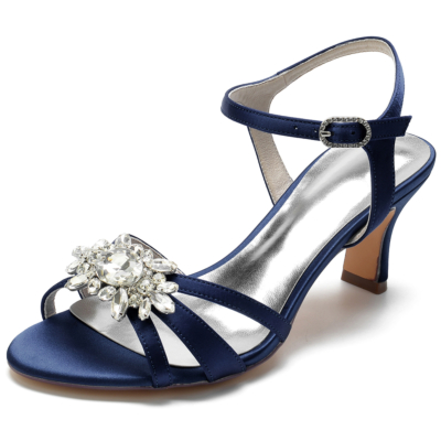 Chaussures de mariée en satin bleu marine à bout ouvert avec strass et sandales à talons