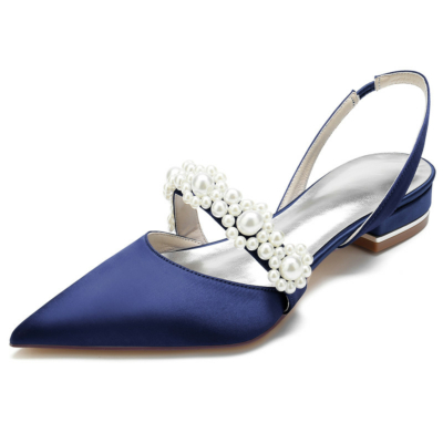 Chaussures plates de mariée à bout pointu avec ornements en perles de satin bleu marine