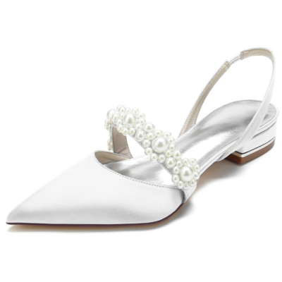Blanc Satin Perle Embellissements Appartements Bout Pointu Slingbacks Chaussures Plates De Mariée