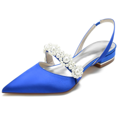 Chaussures plates de mariée à bout pointu avec ornements en perles de satin bleu royal