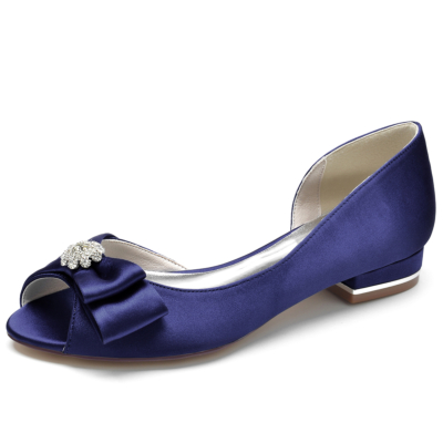 Chaussures plates à bout ouvert en satin bleu marine avec nœud chaussures de mariage confortables