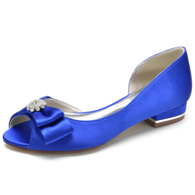 Chaussures plates à bout ouvert en satin bleu royal avec chaussures de mariage confortables
