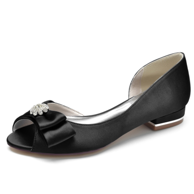 Chaussures plates à bout ouvert en satin noir avec chaussures de mariage confortables