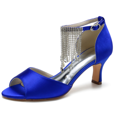 Sandales à talons pour femmes en satin bleu royal à bout ouvert avec strass et franges
