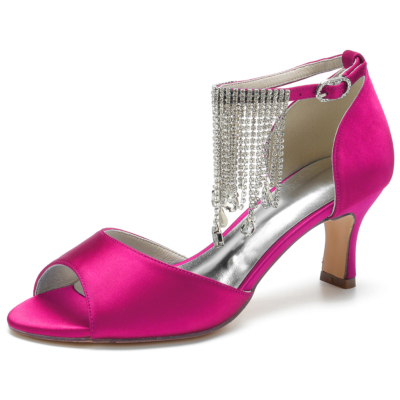 Sandales à talons en satin rose à bout ouvert avec strass et franges pour femmes