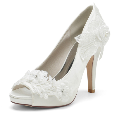 Chaussures de mariage Peep Toe en satin beige Escarpins de mariée à plateforme florale